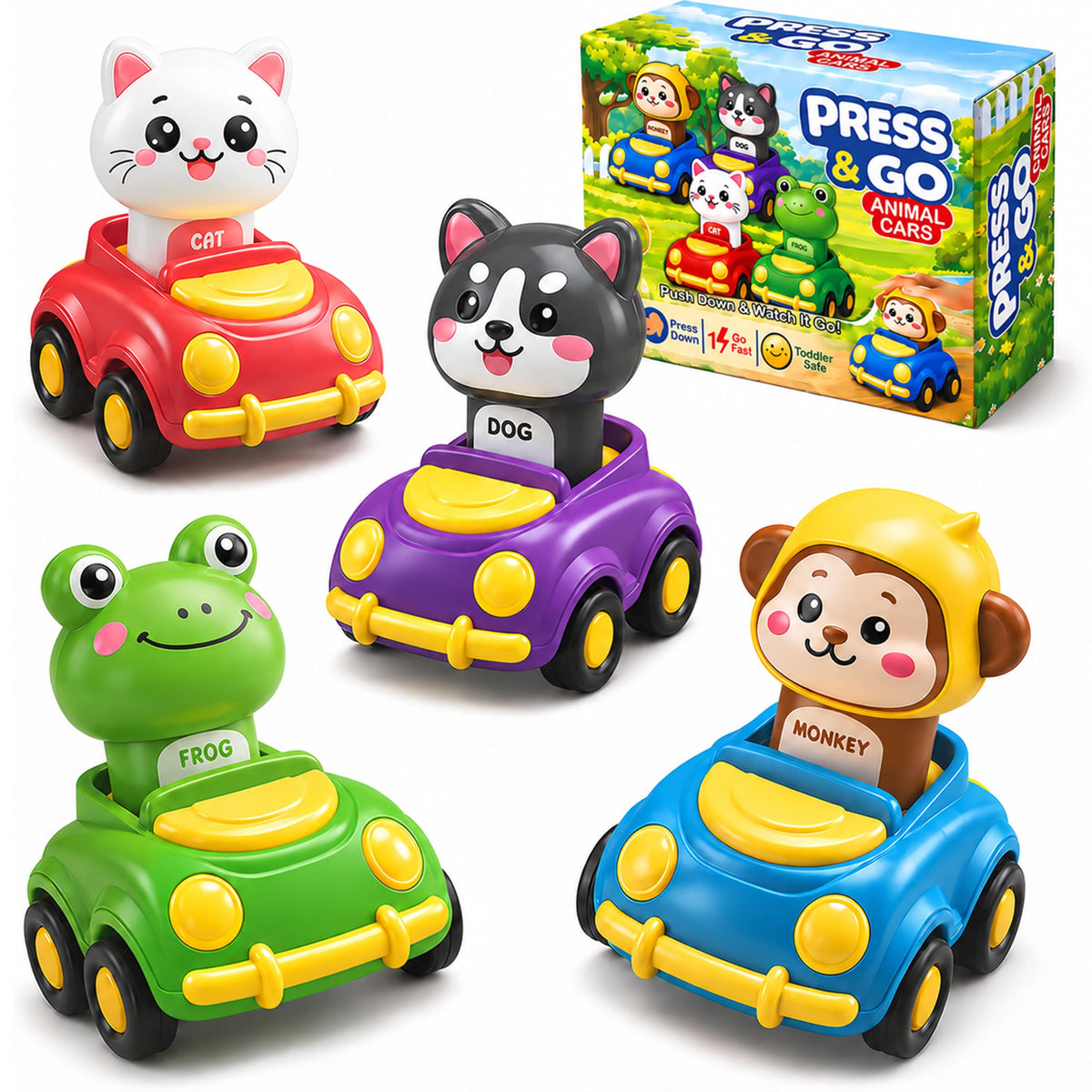 Press to Go Cars for Toddlers 1-3, 4-Pack Animal Toys for 1 Year Old Boy
