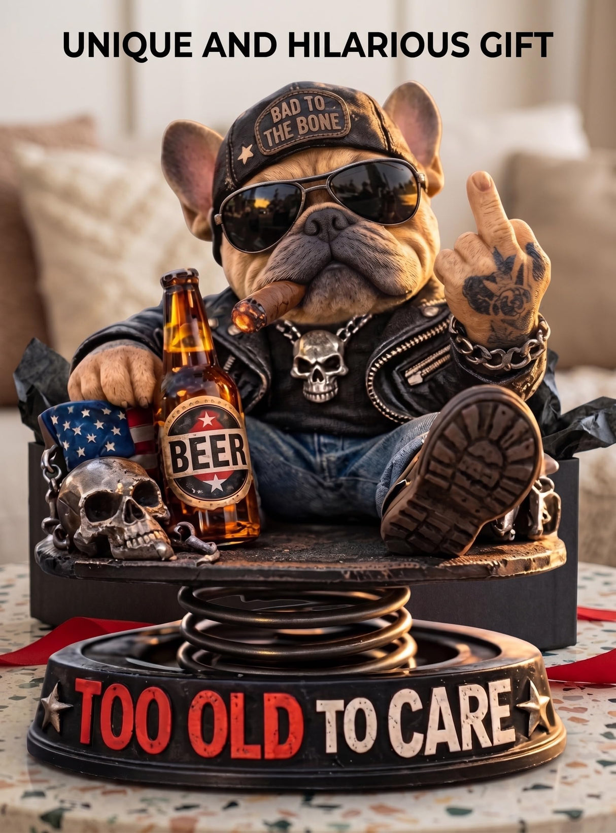 Pure Compression Too Old to Care Dashboard Bobbleheads Statue for Cars - Bulldog Figurine Decoration for Outdoor Garden - Funny Gag Gifts