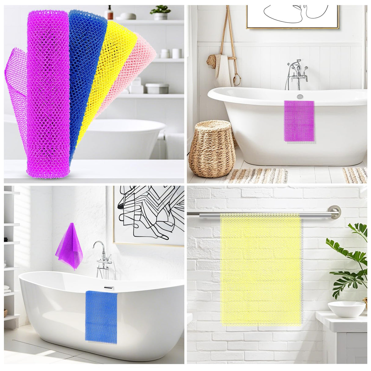 4 Pieces African Net Sponge – Premium African Net Sponge for Deep Exfoliation Quick-Dry and Reusable Mesh for Smooth Skin(Yellow Pink Purple Blue)