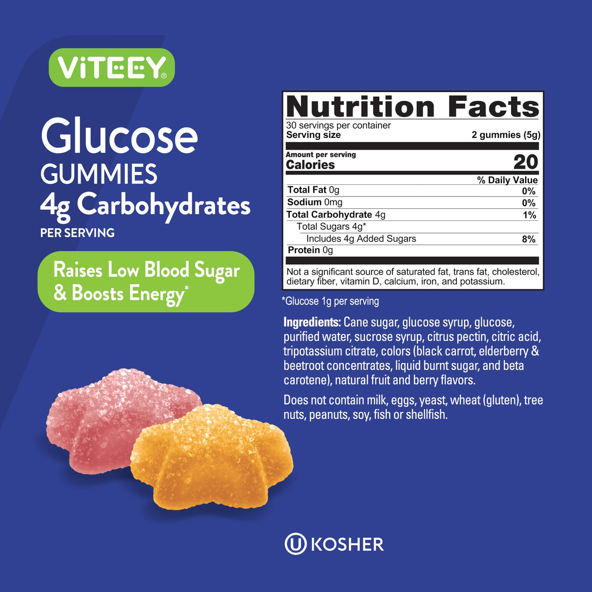 Viteey Glucose Gummies for Women, Men & Teens - 4g of Carbohydrates - Naturally Sourced, Vegan, GMO Free, Gluten Free, Gelatin Free - Tasty Chewable Fruit Flavored Pectin Gummy
