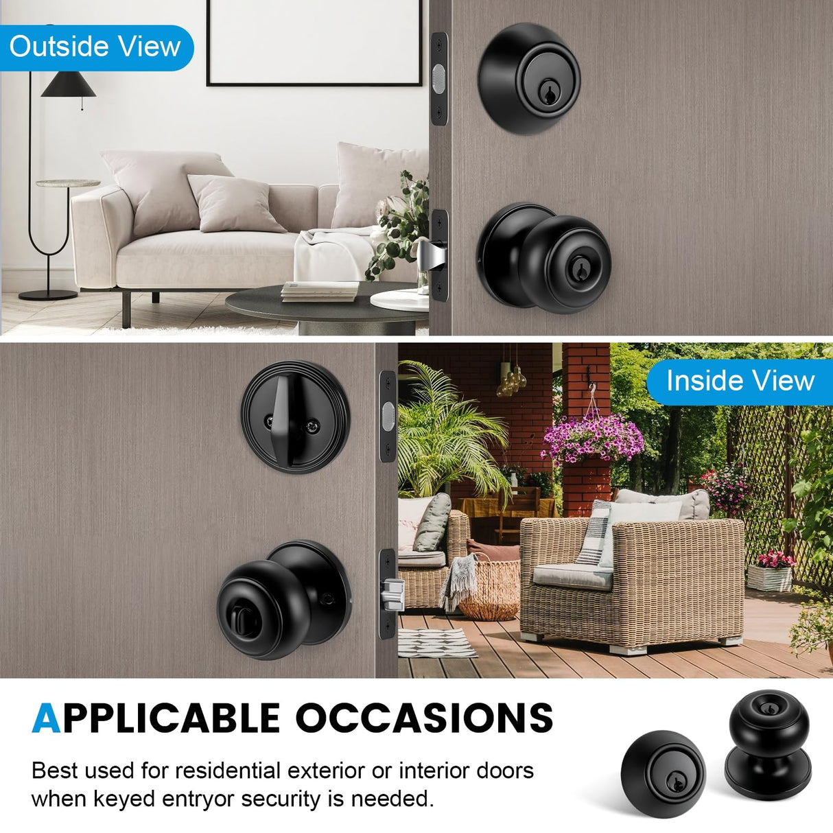 Plustool 2 Pack Front Door Lock Set Matte Black,Exterior Door Lock Set with Deadbolt,Single Cylinder Deadbolt Lock and Door Knob Set,Keyed Alike Door Knobs with Lock&Keys,Round Ball Entry Door Lockset