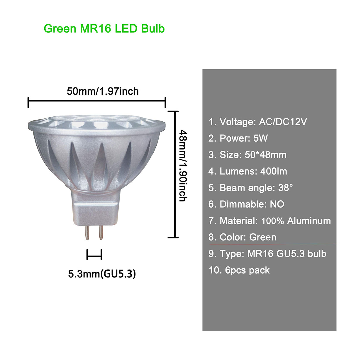 ALIDE MR16 Green Led Bulbs 5W 12V,Replace 20W 35W 50W Halogen,Low Voltage GU5.3 MR16 Led Green Bulb for Halloween Christmas Outdoor Landscape Yard Tree Lighting,Not Dimmable,38 Deg,6 Pack