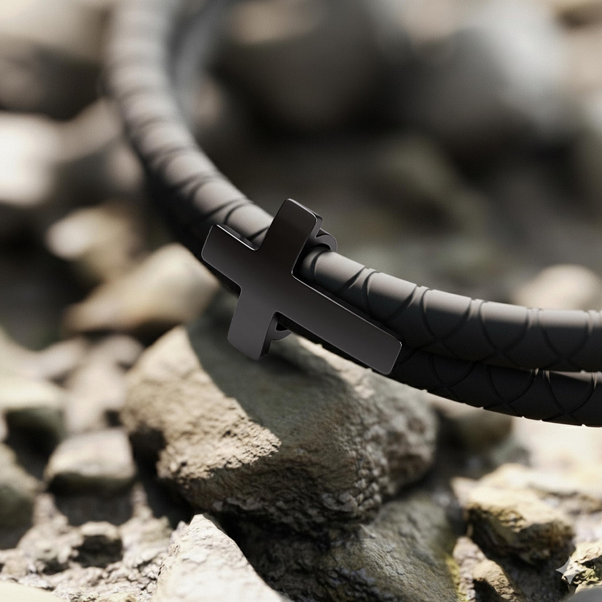 Rowdy Parrot FlexTech™ Adjustable Silicone Braided Rope Bracelet for Men - Waterproof, Sweatproof, One Size Fits All - Featuring Religious Christian Jesus Cross Design (Black Sand | Black Lagoon)