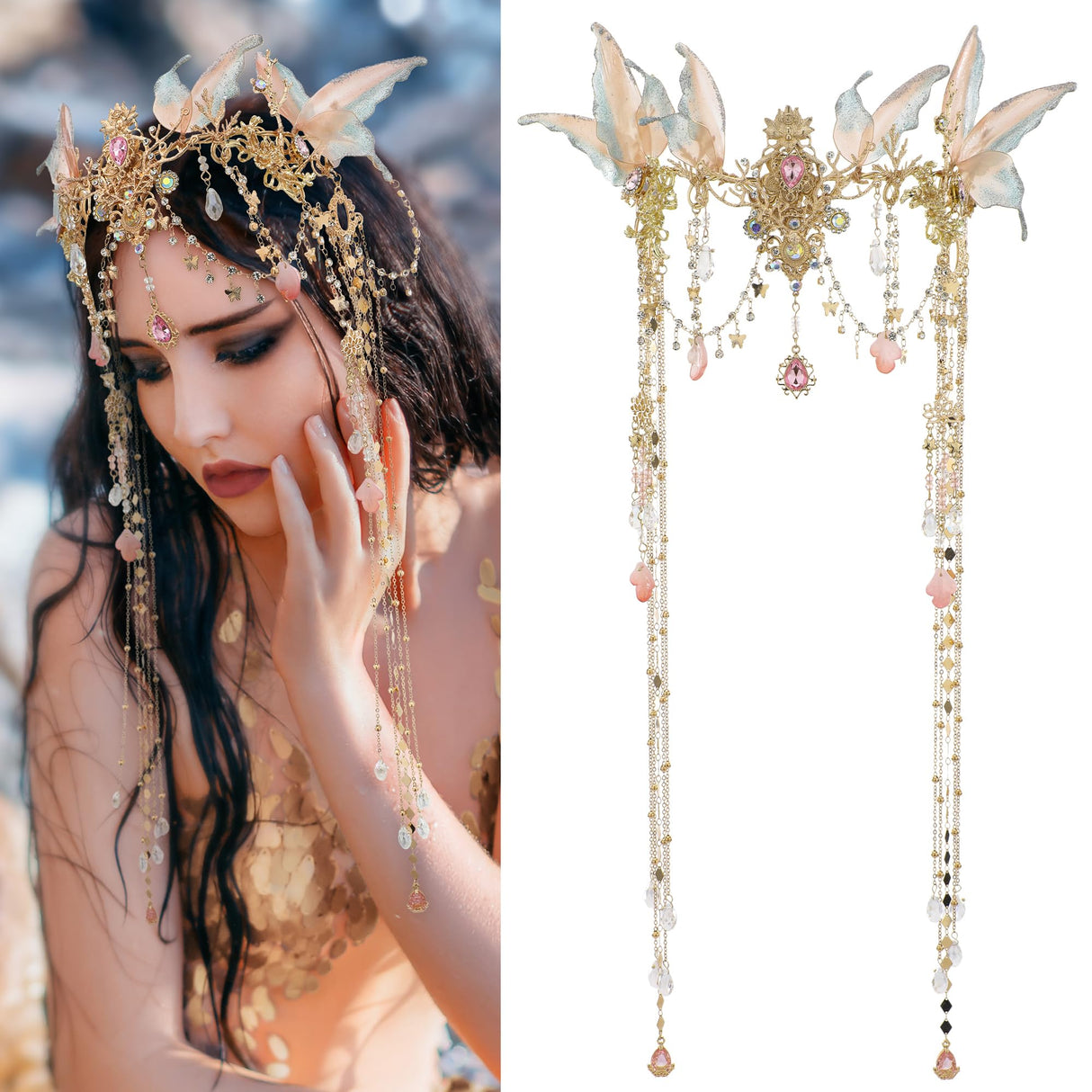 FRESHME Renaissance Butterfly Elf Fairy Crown - Fairy Headband with Pink Butterfly Wings Elf Headpiece with Tassel Elven Tiara Wedding Renfaire Dress Up Cosplay Christmas Accessories for Women