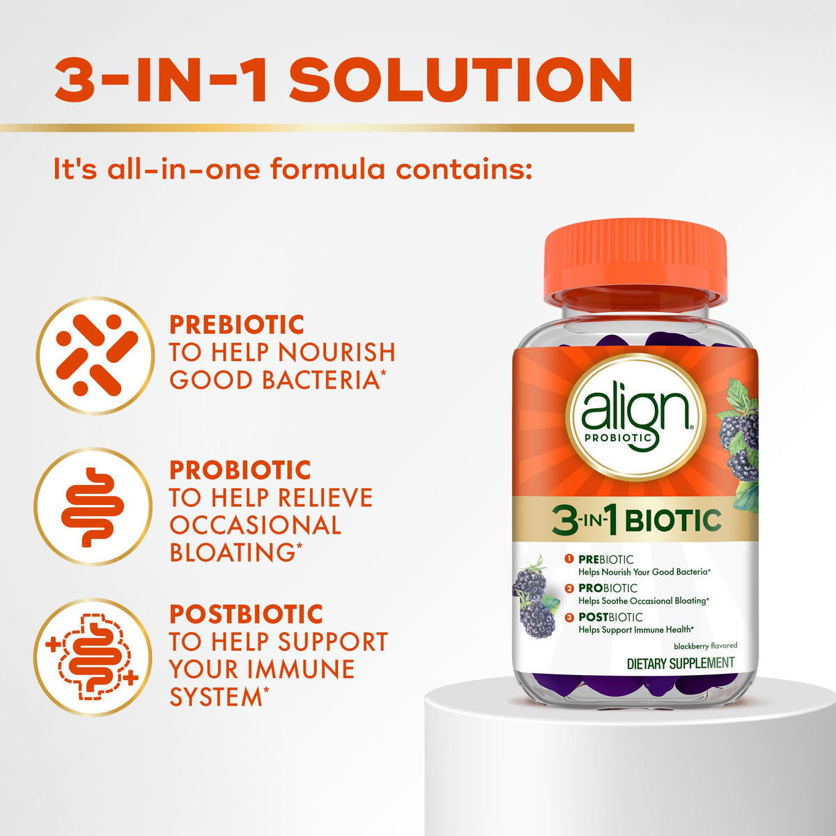 Align Probiotic, 3-in-1 Biotic Gummies, Prebiotic + Probiotic + Postbiotic, Probiotics for Women, #1 Doctor Recommended Probiotic Brand‡, Helps Relieve Occasional Bloating*, Blackberry Flavor, 50 Gummies