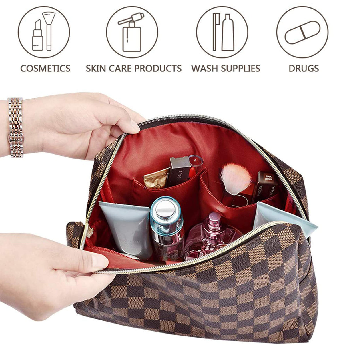 BAGCRAZY Makeup Bag, Cosmetic Bag, Portable Leather Large Checkered Makeup Bag, 2 Pack Large Capacity Travel Cosmetic Bag for Women, Lightweight Design and Waterproof Toiletries Bag Christmas Gifts