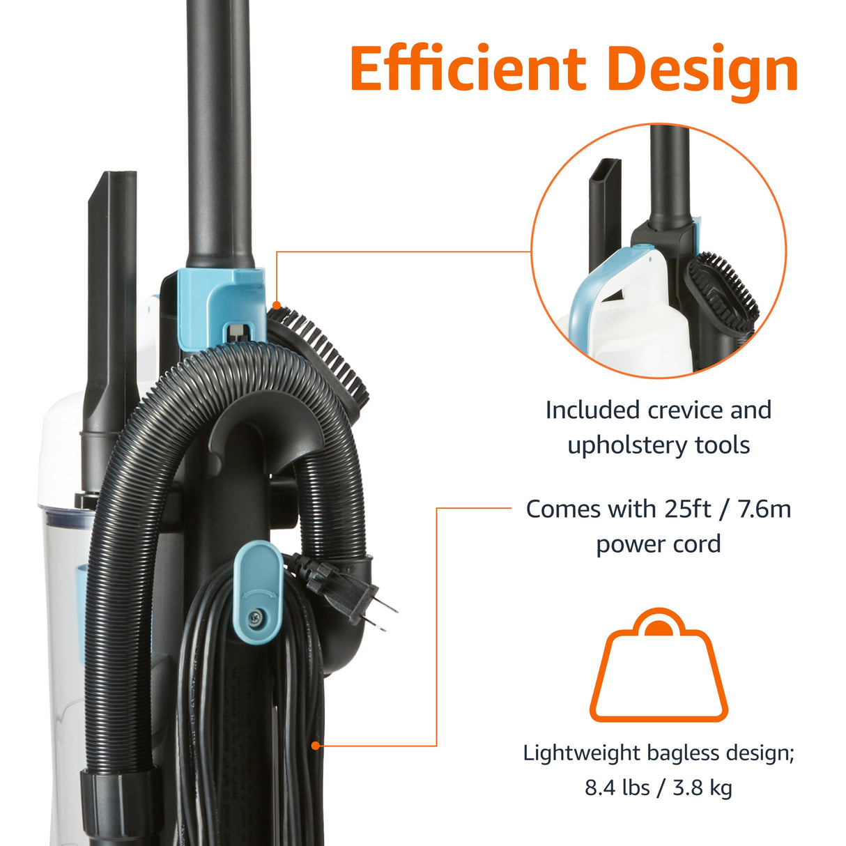 Amazon Basics Upright Bagless Vacuum Cleaner for Carpet and Hard Floors, With Crevice and Upholstery Tools, Detachable Handle, Lightweight (8.4 lbs), 1.7L Dust Cup, 720W, 25ft Cord, Black/White