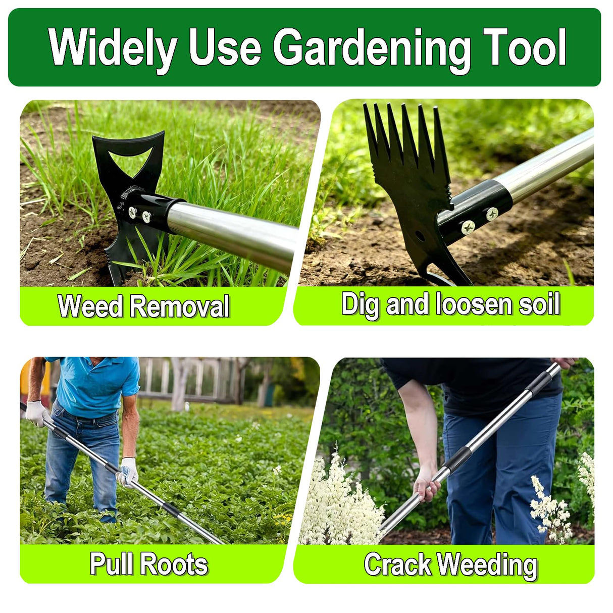 HWLANTU Stand Up Weed Puller Tool with 58" Adjustable Long Handle, 2 in 1 Heavy Duty Manual Weeder & Garden Hoe, 4-Claw Steel Head Weed Remover with Gloves for Yard Lawn Patio Flower Bed