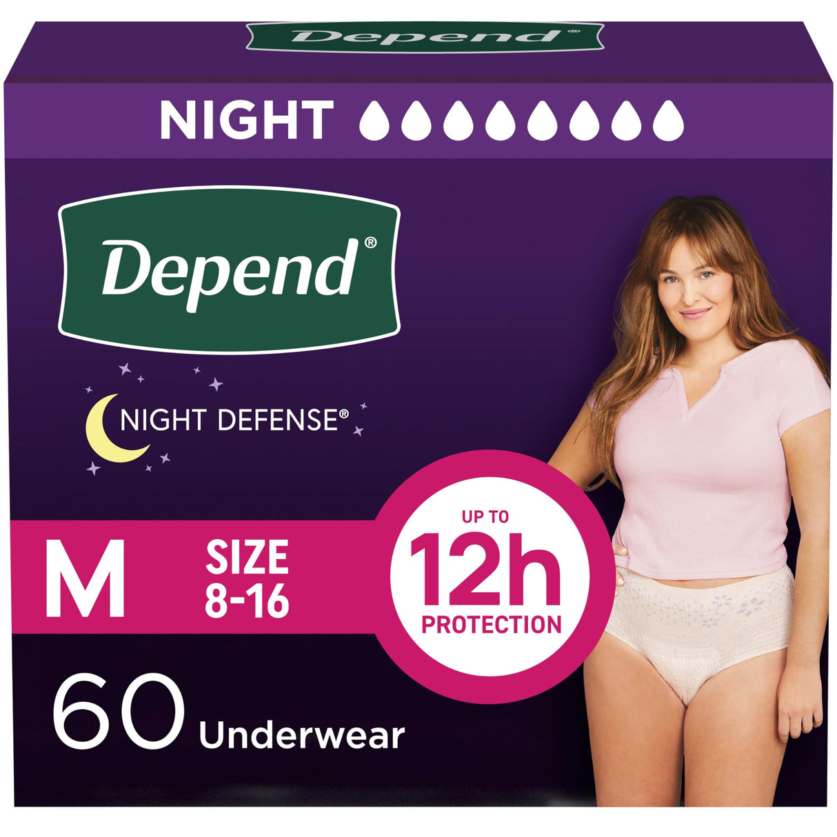 Depend Night Defense Adult Diapers, Incontinence & Postpartum Bladder Leak Underwear for Women, Disposable, Overnight, Medium, Blush, 60 Count (4 Packs of 15), Packaging May Vary