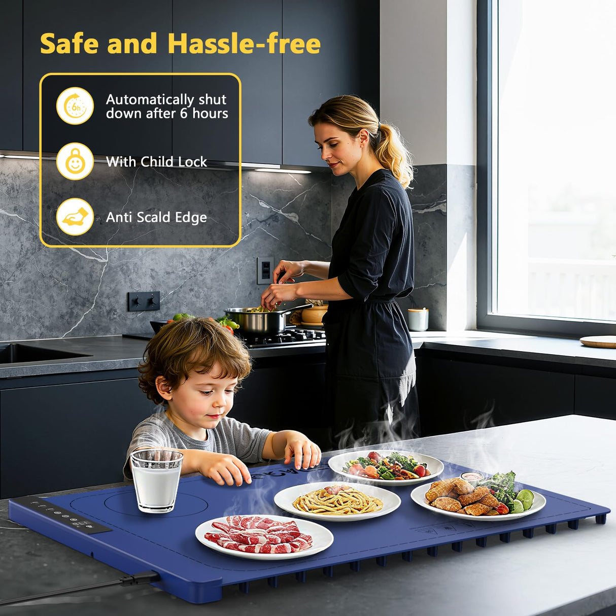 Food Warming Mat with 3-Zone Heating Mode, Redagod Electric Warming Tray with 9 Temperature & 8 Timer Settings, Hook and Roll Up Storage, Portable Countertop Food Heating Mat for Home Daily Use, Blue