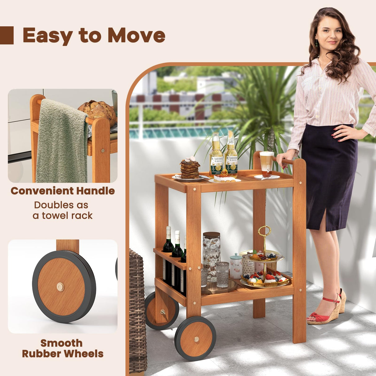 Tangkula Wood Bar Cart, Outdoor Indoor 2 Tier Rolling Serving Cart with Wine Bottle Holders and 2 Rubber Wheels, Bar Table Beverage Drink Cart for Kitchen, Patio, Garden and Poolside, Natural