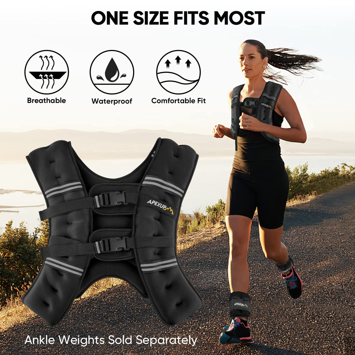 APEXUP Weighted Vest with 5lbs/10lbs/15lbs/20lbs/25lbs/30lbs Weights and Reflective Stripe, Weight Vest Men Women for Workout, Strength Training, Running (Black, 25lbs)