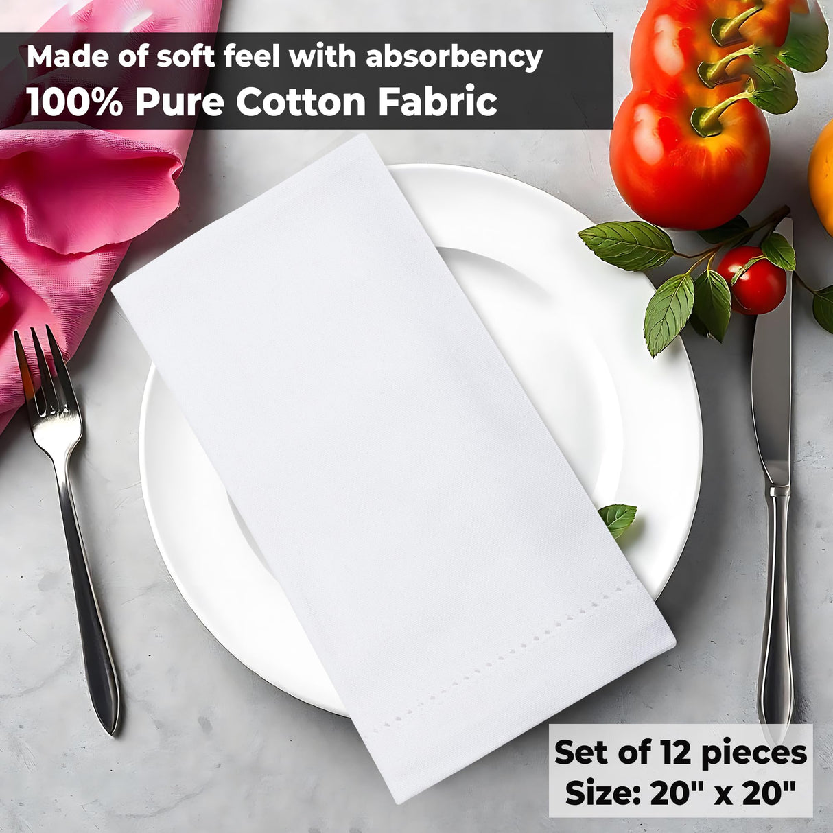 Urban Villa White Cloth Napkins Set of 12 100% Cotton Hemstitch Dinner Napkins Cloths Washable 20”x20” Absorbent Soft Durable Reusable-Ideal for Everyday Use Parties Wedding Thanks Giving Christmas