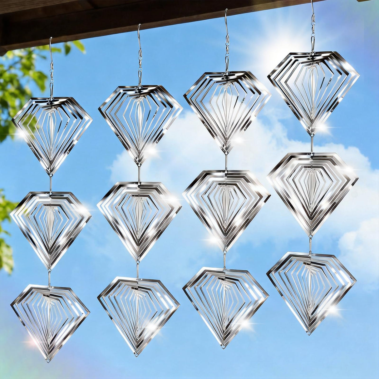 Superlong Bird Deterrents for Outside, 12 Discs Stainless Steel 3D Wind Spinners Garden Decor, 4 Sets Reflective Bird Scare Devices to Keep Woodpeckers, Pigeons Away from Patio, Balcony, Porch, Deck