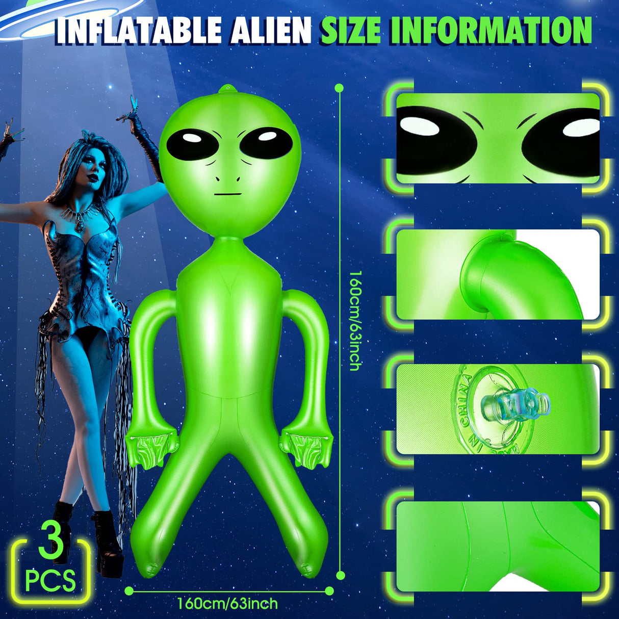 Zhanmai 3 Pieces 63 Inch Giant Inflatable Alien Blow up Jumbo Green Inflate Alien for Theme Birthday Party Favors Decorations Indoor Outdoor Photo Prep Halloween Easter Christmas Decorations