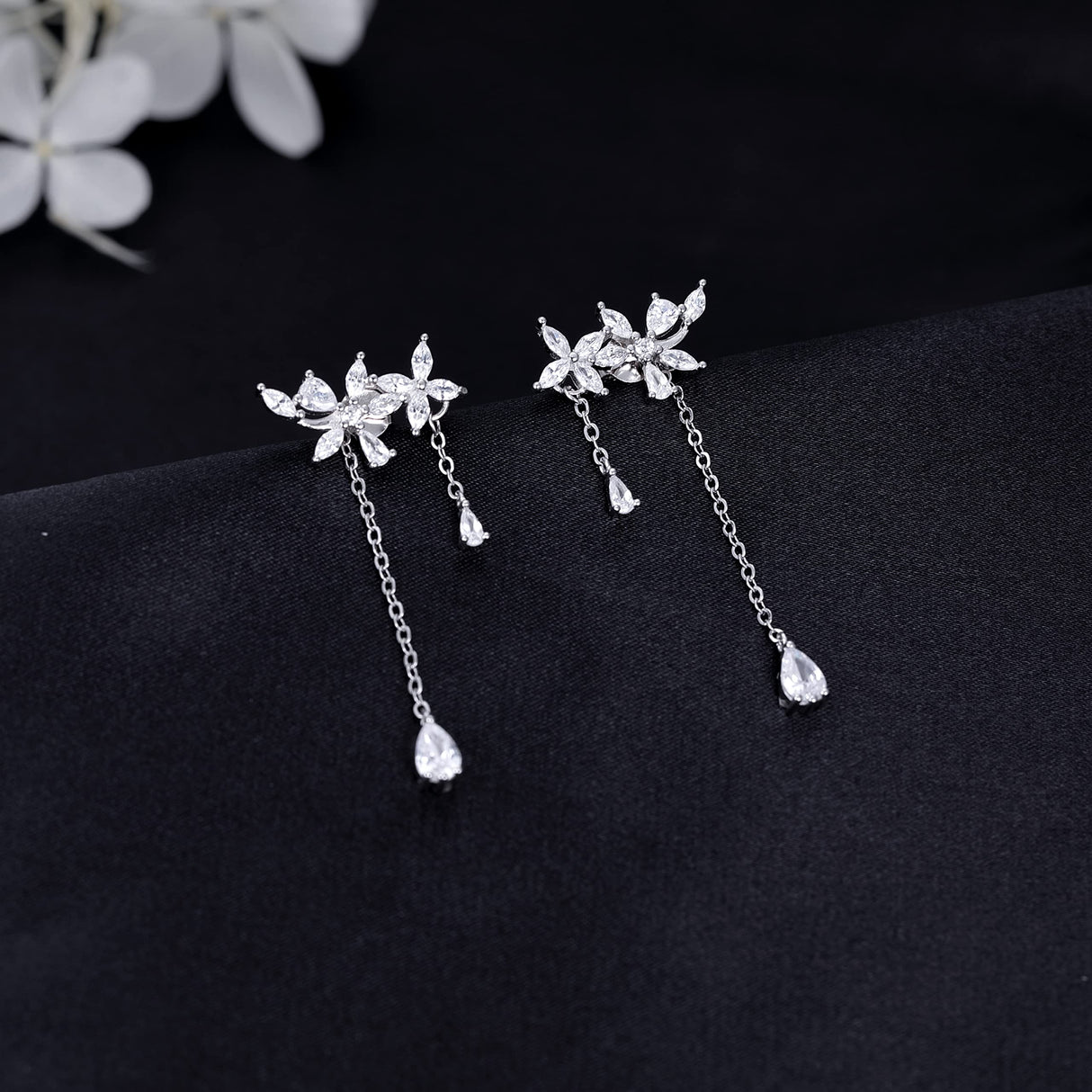 SLUYNZ 925 Sterling Silver Dainty CZ Flowers Wrap Earrings Dangle Chain for Women Elegant Bridal Wedding Earrings Engagement Drop (A-Silver)