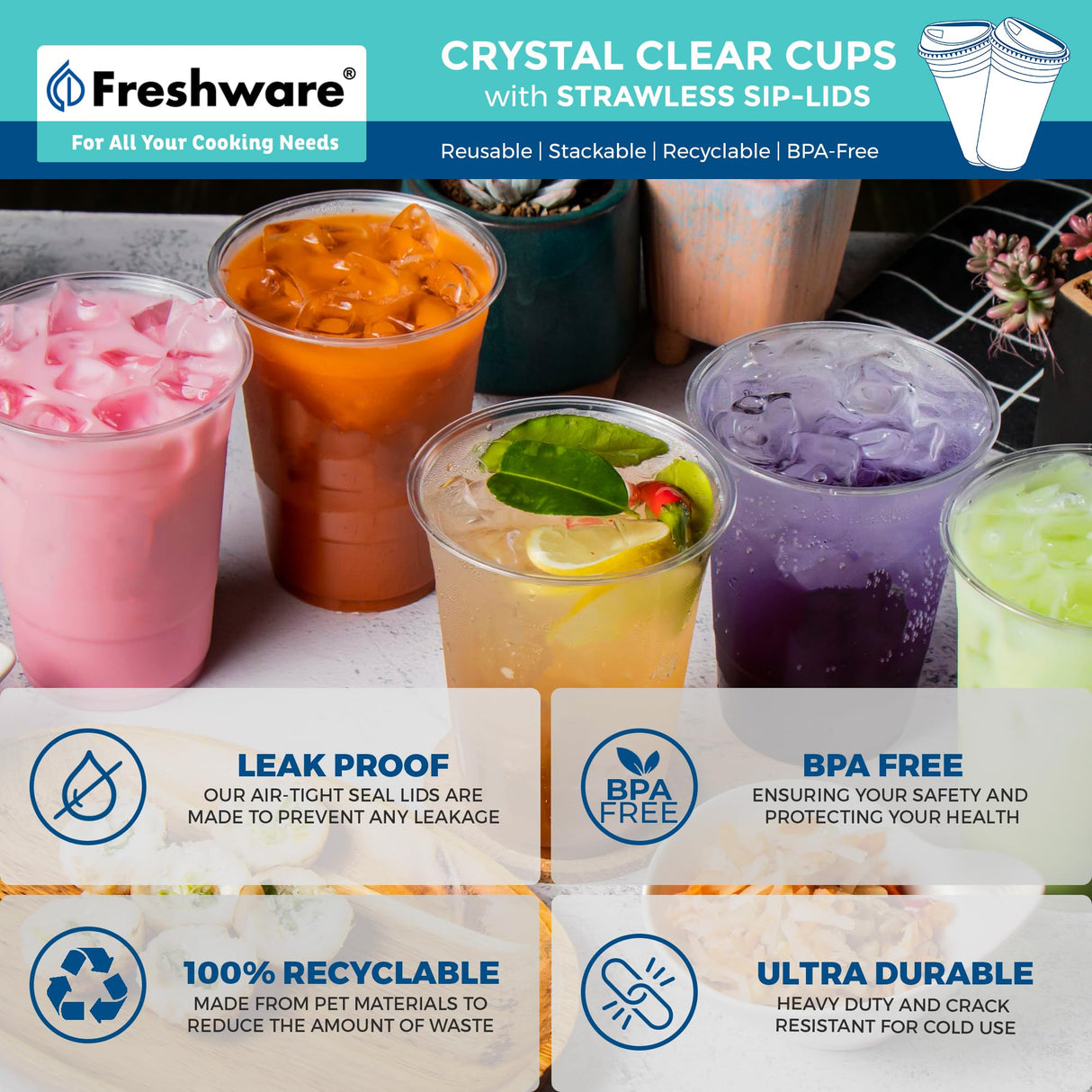 Freshware 24 oz Clear Disposable Plastic Cups with Strawless Sip Lids, 100 Pack Clear Plastic Tumblers, Heavy-duty Party Glasses, Disposable Cups for Thanksgiving, Halloween, Christmas Party