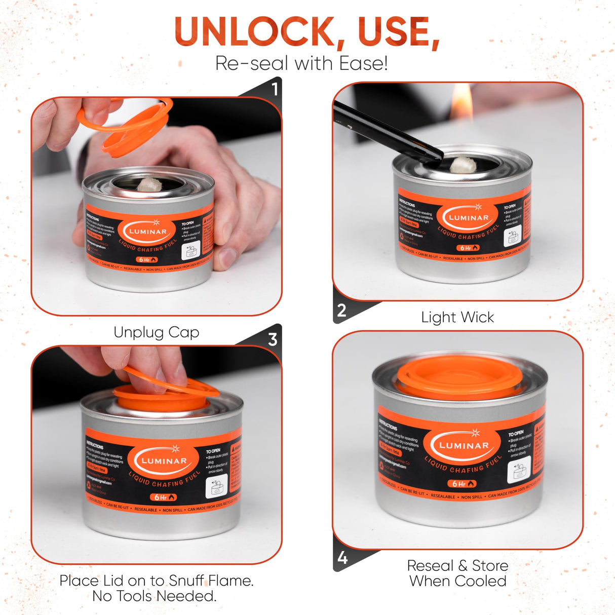 Luminar Resealable-Wick Chafing Fuel Cans, 24 Pack, 6 Hour - Premium Quality Burners for Food Warmers - No More Spills, Waste, or Hassle - Perfect for Convenient, and Long-Lasting Event Catering