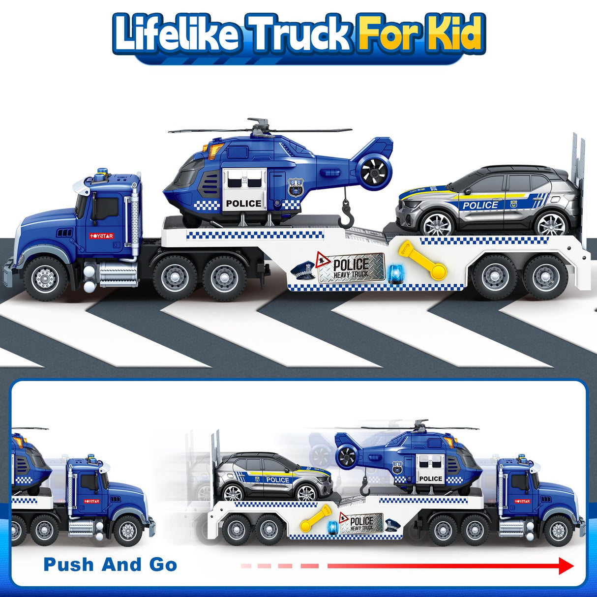 Kids Toys for 3 4 5 6 7 8 Years Old Boys, 20.5" Police Truck Toy with Racing Car and Helicopter, Toddler Friction Powered Truck Vehicle Toy with Lights, Sounds for Boys Girls Christmas Birthday Gifts