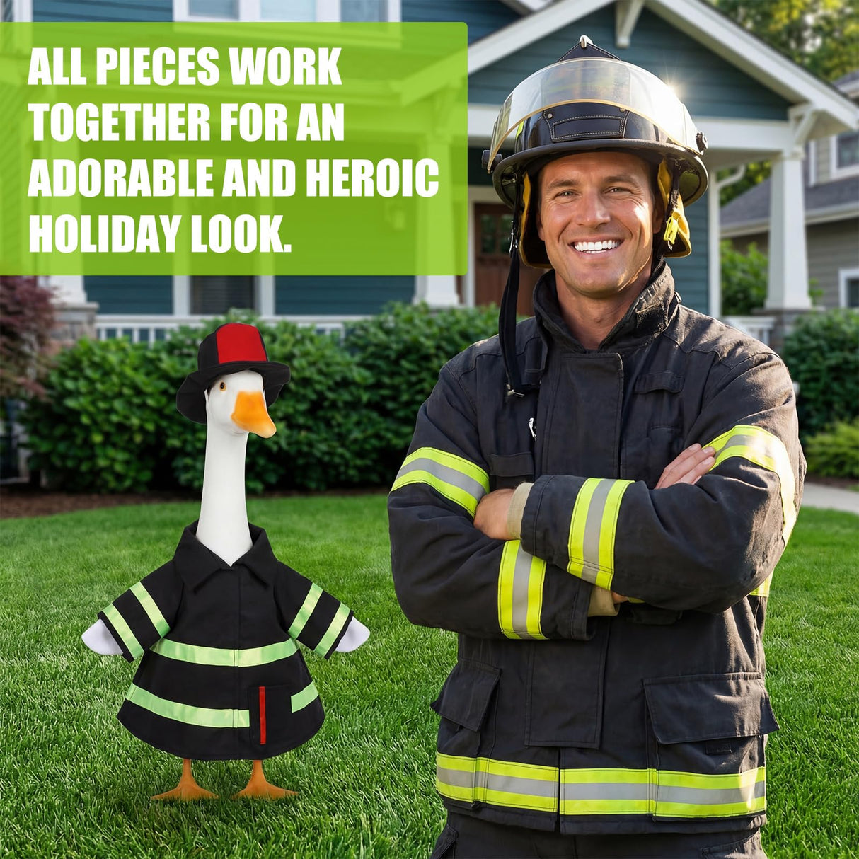 VercanMonth Porch Goose Outfit for 23‘' Porch Goose Geese Statue Halloween Clothes Costume Yard Patio Lawn Garden Decor(Firefighter)