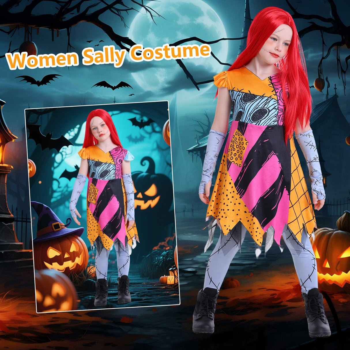 jiobabe Sally Costume Kids Doll Princess Costume Girls Patch Sally Dress Toddler Halloween Costumes Nightmare Cosplay Christmas Dress-up Set with Wig Tattoo Stickers GR044M