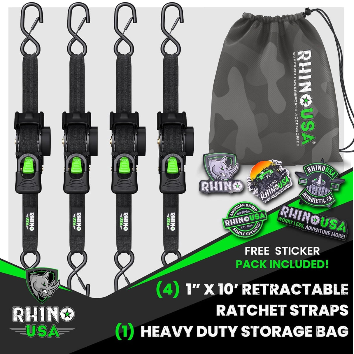Rhino USA Retractable Ratchet Straps (4-Pack) - 1 Inch x 10 Feet (1,209lb Break Strength) - Auto Self Retracting Tie Down Straps for Truck, Cargo Trailer, Motorcycle, ATV, UTV - Black