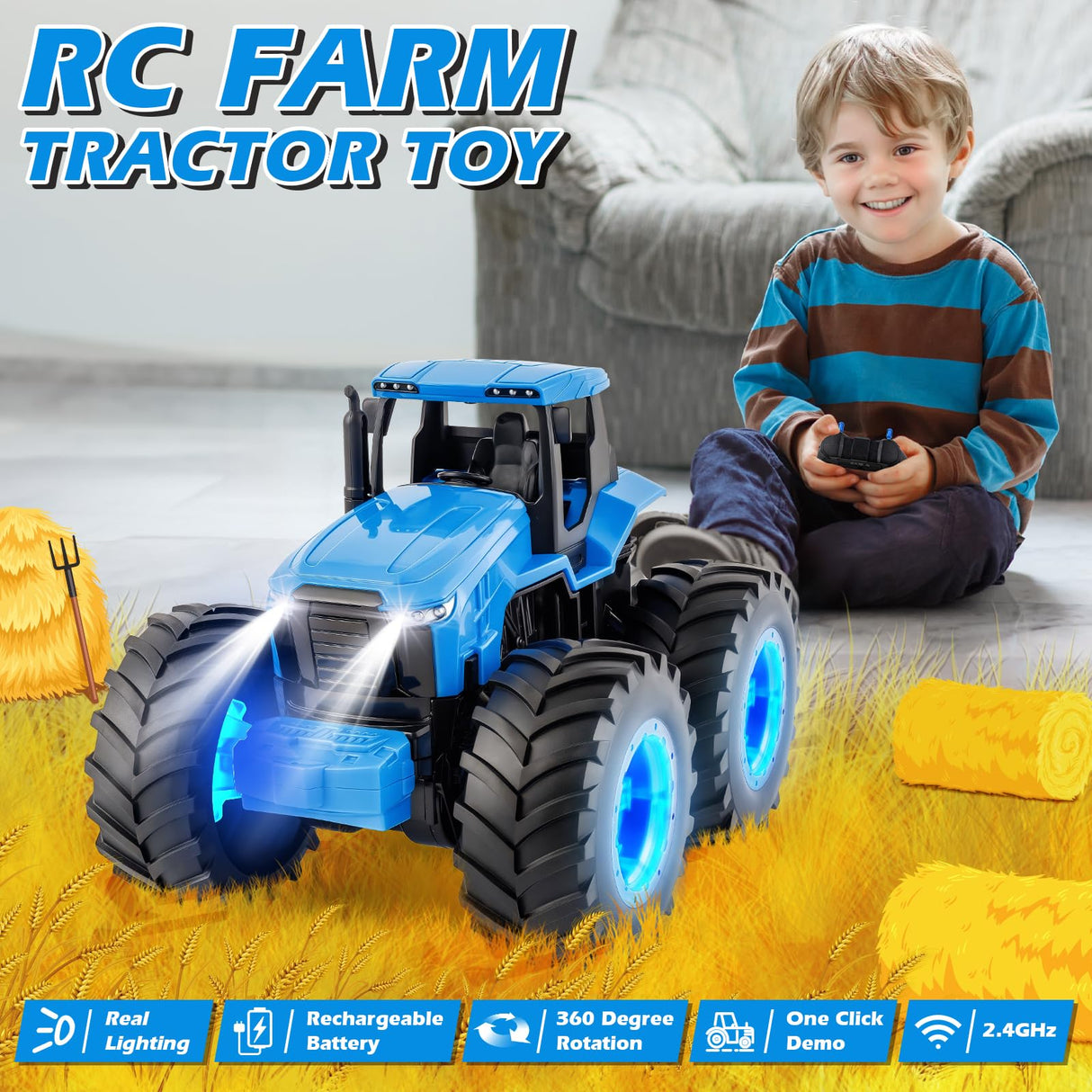 Remote Control Monster Tractor Toy for 3, 4, 5, 6, 7 years old, Blue Light Up Monster Trucks Toy with LED Lights Toddlers RC Farm Vehicle Toys for Boys & Girls Ideal Christmas, Birthday Gifts for Kids