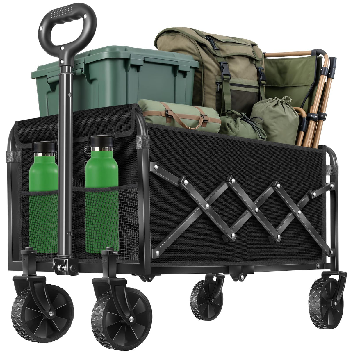 Collapsible Wagons Carts Foldable Wagon, Foldable Wagon Cart with Wheels, Folding Wagons for Beach Camp Sports Garden, 2 Cup Holders/Lightweight Portable/Black/280 LBS
