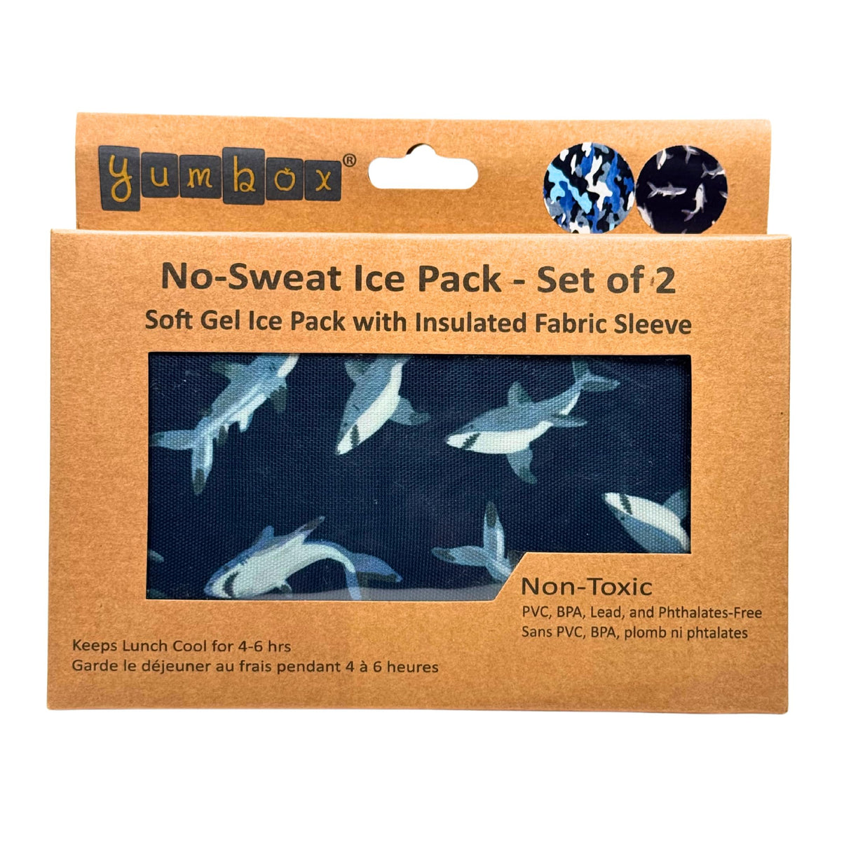 Yumbox Reusable Soft Gel Ice Packs for Lunch Boxes – Sweatproof Kids Lunchbox Ice Packs (Set of 2, 6.5″ × 7.5″)(Camo & Shark)