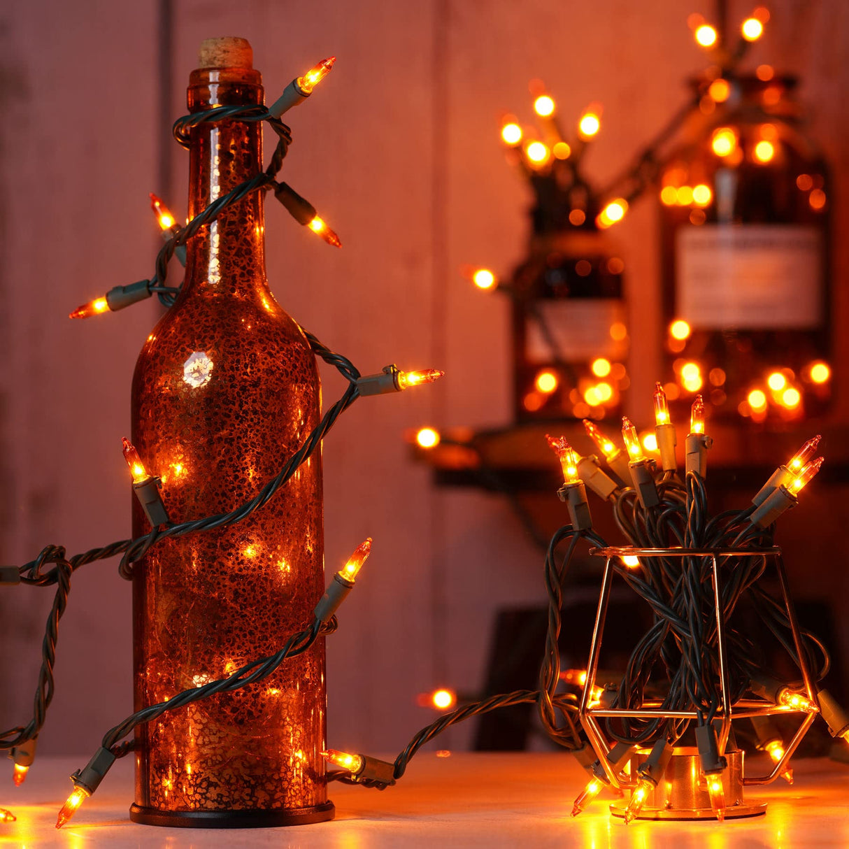 YULETIME 200 Orange Christmas Lights, Pack of 2 Sets 33 Feet 100 Count UL Certified Incandescent String Lights (Orange - Green Wire)