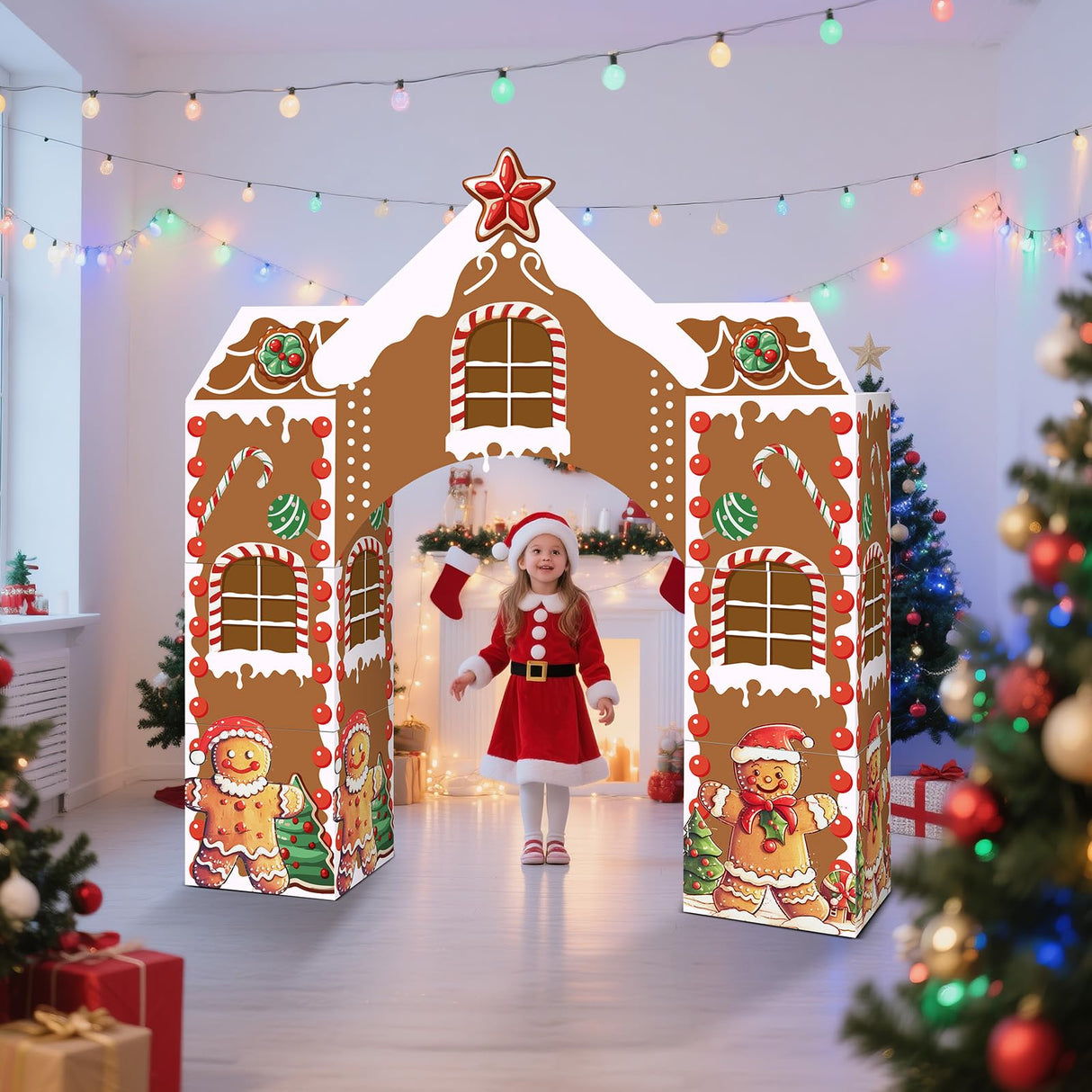 Bucherry 7 Pcs Gingerbread Playhouse Christmas Gingerbread House Decorations Christmas Cardboard Castle with Candy Arch 43 x 51 mas Party Decoration Box Fort for Xmas Winter Birthday Holiday Party