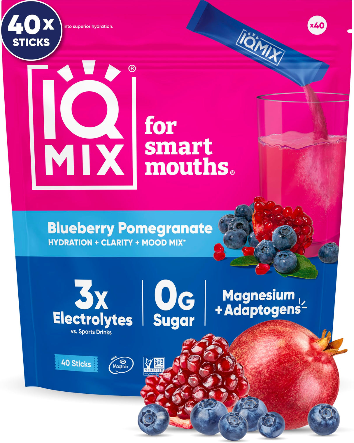 IQMIX Hydration Electrolyte Powder – 4-in-1 Formula for Hydration, Mental Clarity, Mood and Recovery – Sugar-Free Drink Mix, Keto, Magnesium L-Threonate, Lion’s Mane – 40 Count Blueberry Pomegranate
