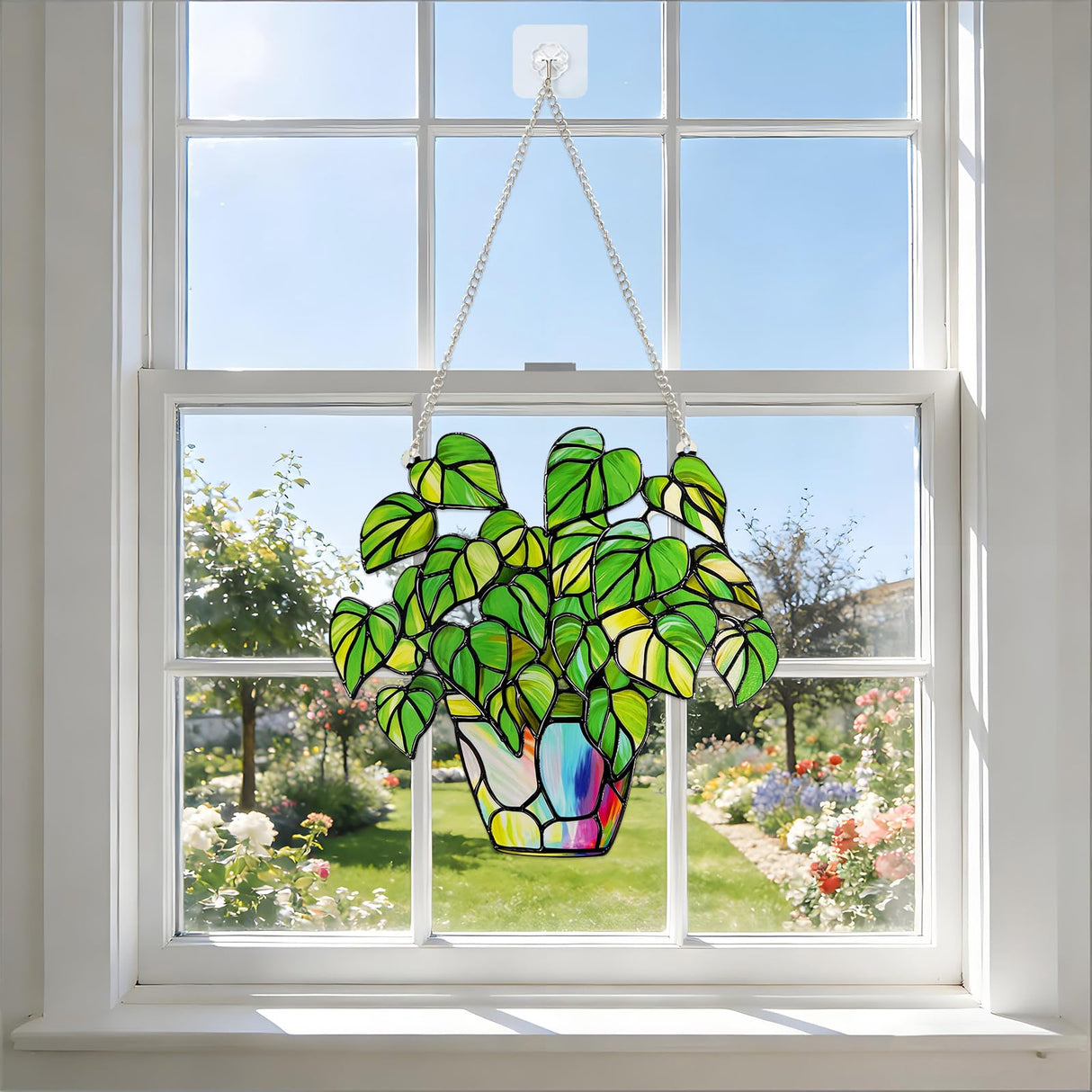 Stained Glass Plant Suncatcher Window Hanging, Marzovitra 10 Inch Real Glass Potted Green Leaves Sun Catcher with Chain Botanical Sun Catcher Window Decor for Home Garden, Plant Lover Gift