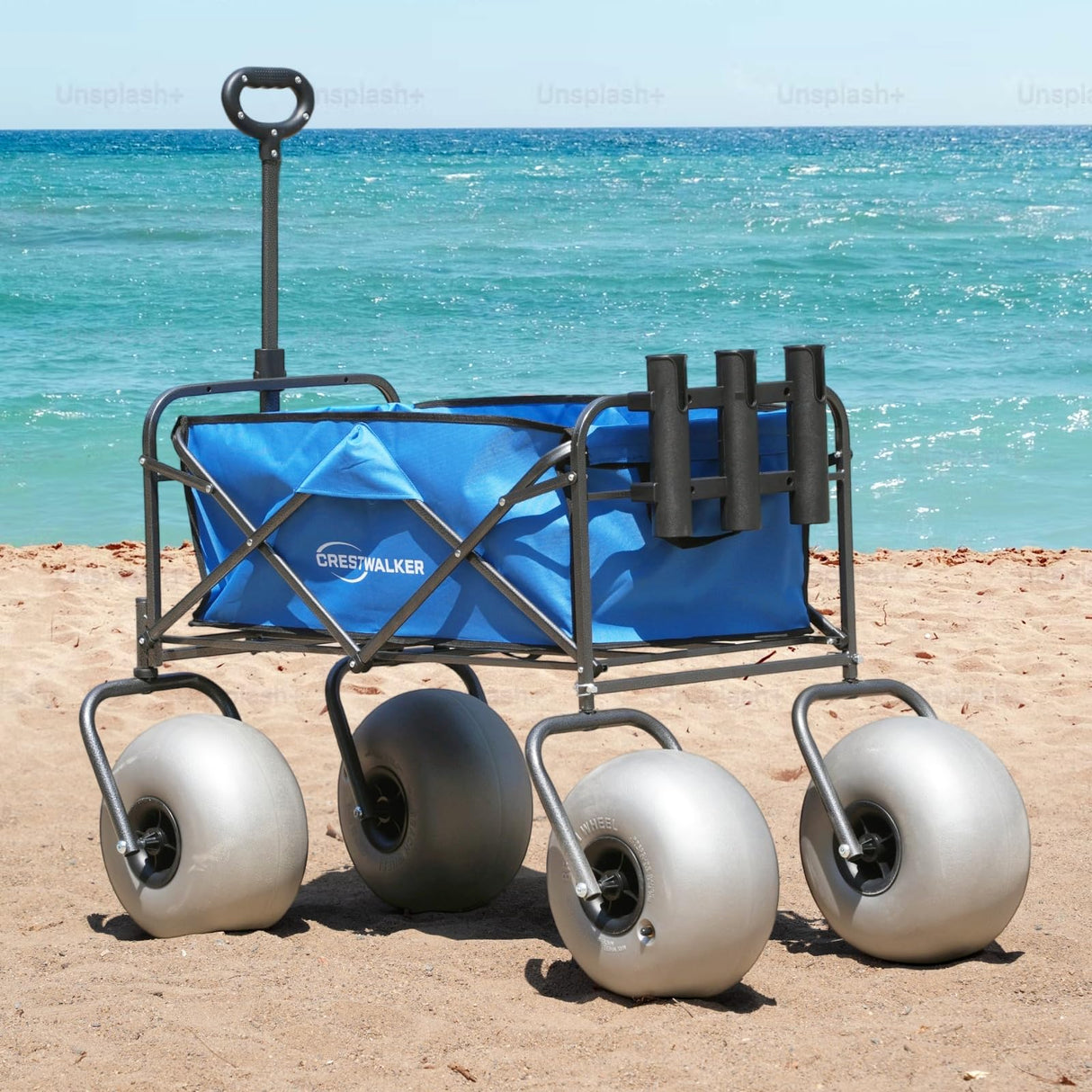 CRESTWALKER 13'' Balloon Wheel Fishing Cart with Rod Holders, Beach Wagon with Big Wheels for Sand, Folds Thin with Quick-Release Forks, Heavy Duty 300 lbs Capacity