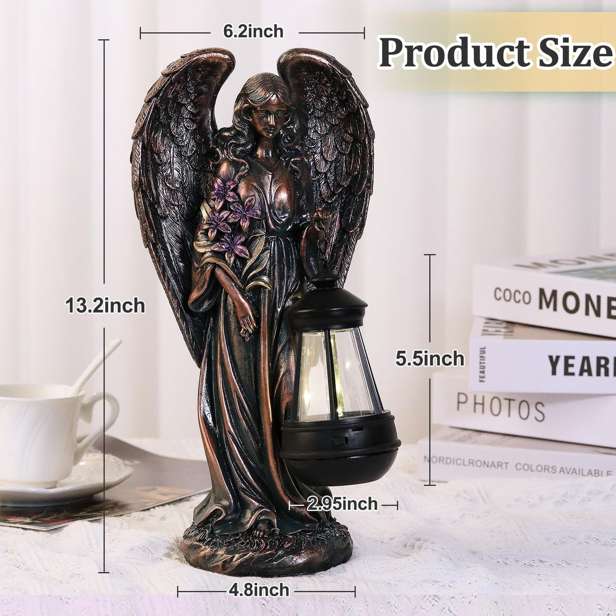 VChymm Solar Angel Outdoor Garden Decor Statues – 13.2 inches Solar Outdoor Sculptures for Outside Yard Art Patio Balcony Front Lawn Ornaments Gifts for Mom Grandma Women(Bronze)