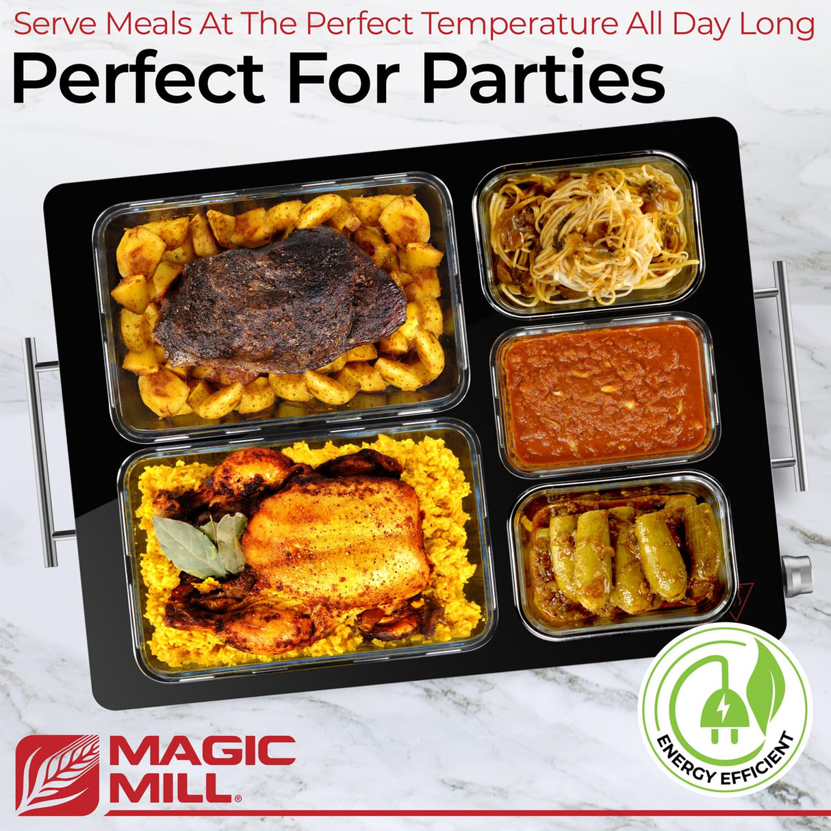 Magic Mill Premium-Grade Glass Food Warmer for Parties Buffet, XL Stainless Steel Modern Electric Warming Tray, Adjustable Temperature Control, Advanced Precision-Engineered Heating System Size-21x16
