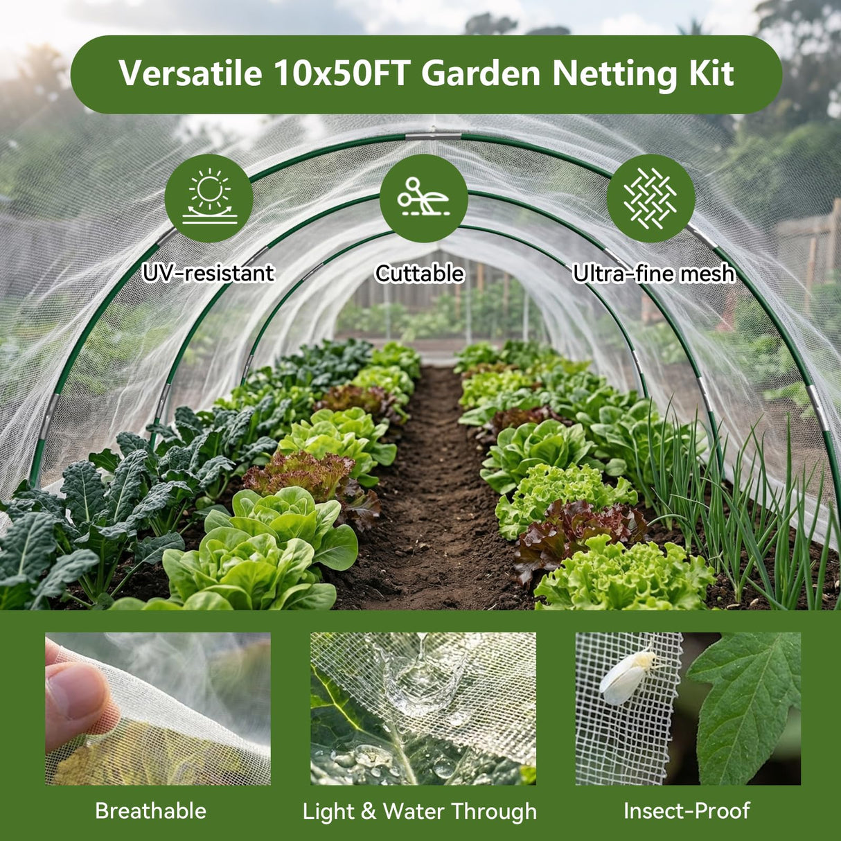 Garden Netting Kit for Raised Beds, 10x50FT Ultra Fine Mesh Netting& 6 Sets of 8FT Fiberglass Garden Hoops, Row Cover Insect Netting for Vegetable Plant Fruit Flowers Protection