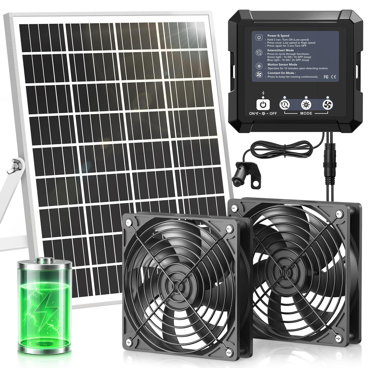 INNOLAND Solar Fan for Chicken Coop & Greenhouse, 25W Solar Powered Exhaust Fan with 7500mAh Battery, Smart 3 Modes with Motion Sensor, IP65 Waterproof Ventilation Kit for Shed | Dog House | Workshop