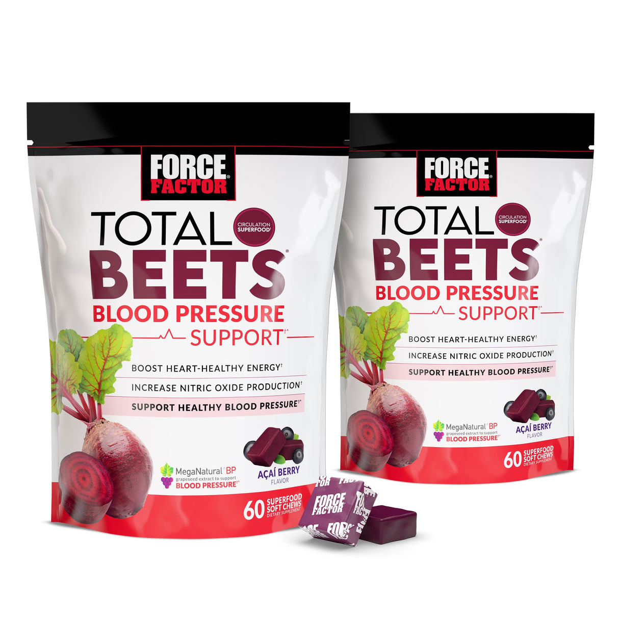 FORCE FACTOR Total Beets Blood Pressure Support Supplement, Beets Supplements with Beets Powder, Great-Tasting Beets Chewables for Heart-Healthy Energy, and Increased Nitric Oxide, 120 Chews, 2-Pack