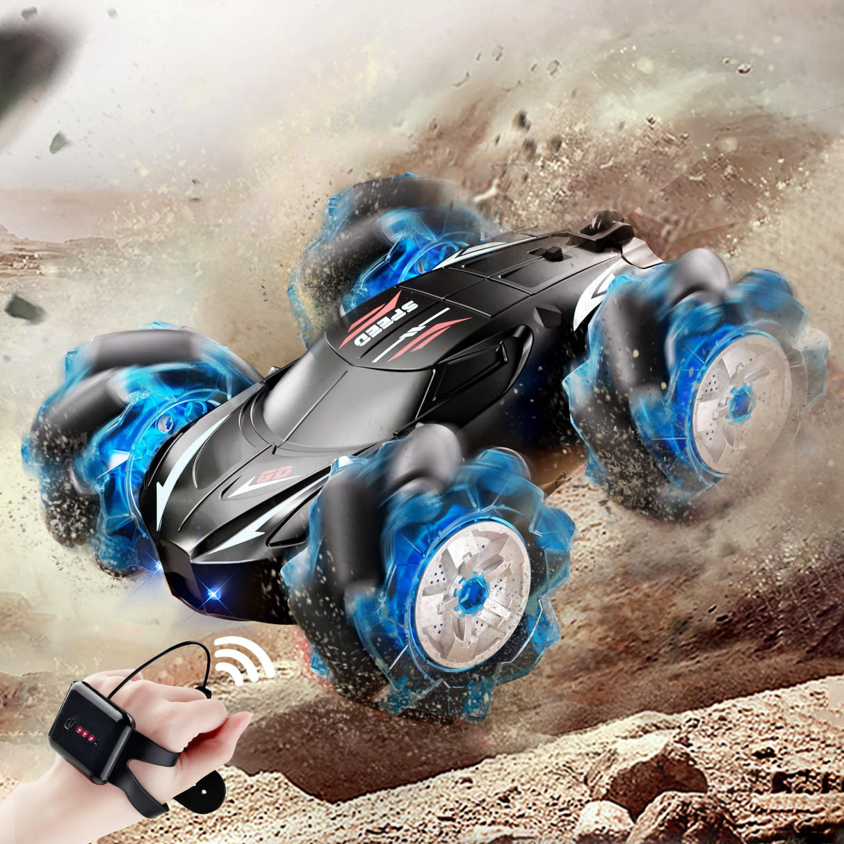 Jovow RC Stunt Car, 2.4GHz 4WD Gesture Sensing Remote Control Car with Cool Light and Music, Double-Sided 360° Flips RC Cars for Boys Age 6-12 8-12 Birthday Christmas Toy Cars(Blue)