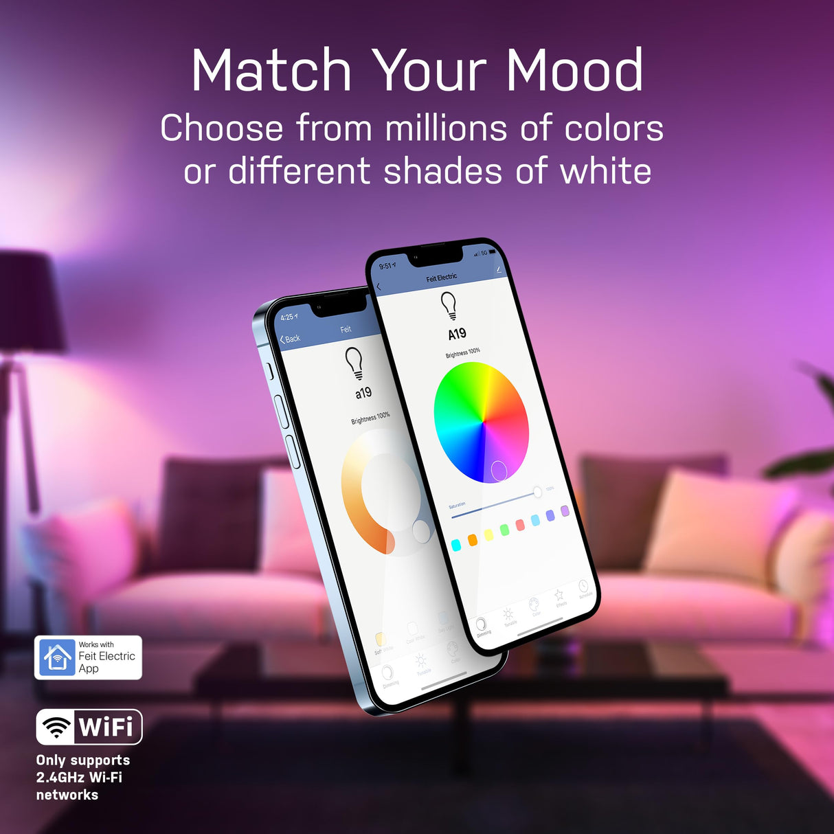 Feit Electric OM60/RGBW/CA/AG/3 60 Watt Equivalent WiFi Color Changing and Tunable White, Dimmable, No Hub Required, Alexa or Google Assistant A19 LED Smart Light Bulb, 3-Pack, Rgbw Multicolor, 60W