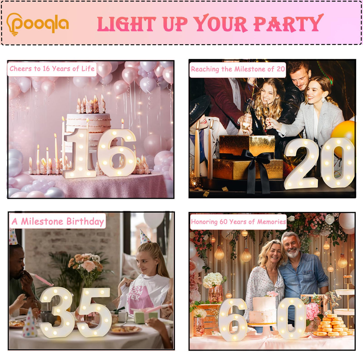 Pooqla Decorative LED Light Up Number Letters, White Plastic Marquee Number Lights Sign for 80th Birthday Party Wedding Decor, Battery Operated (80)