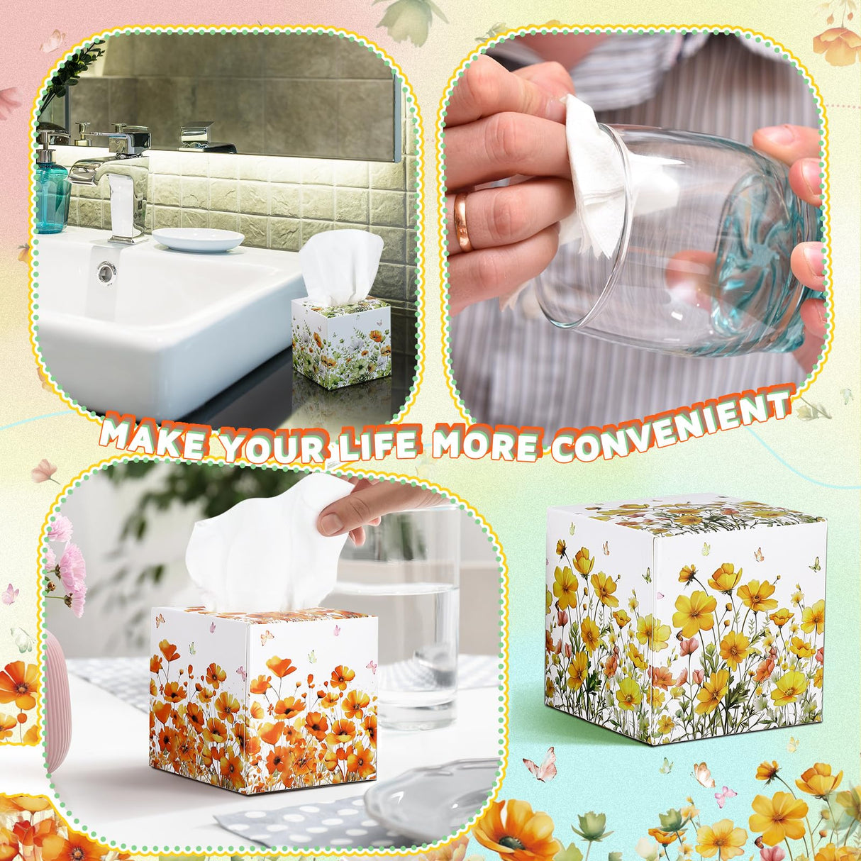 Fourluoo 12 Pack Fall Flower Floral Facial Tissues Cube Boxes 600 Sheets 3 Ply Small Wildflower Face Tissues Bulk for Autumn Christmas Car Bedroom Supplies