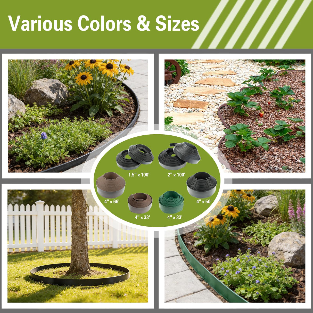 4in x 50ft No Dig Landscape Edging, Garden Edging Border with 75 Spikes, Hammer & Gloves, Tool-Free HDPE Lawn Edging Kit for Garden Yard Flower Beds Pathway Landscaping Project