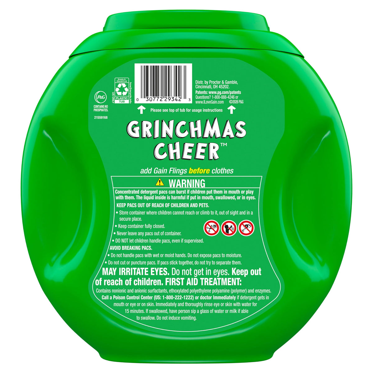 Gain Flings Liquid Laundry Detergent Pods, Odor Defense + Color Guard, Grinchmas Cheer Scent, 4-In-1 Liquid Laundry Detergent Pacs, Clean & Fresh, 60 Count