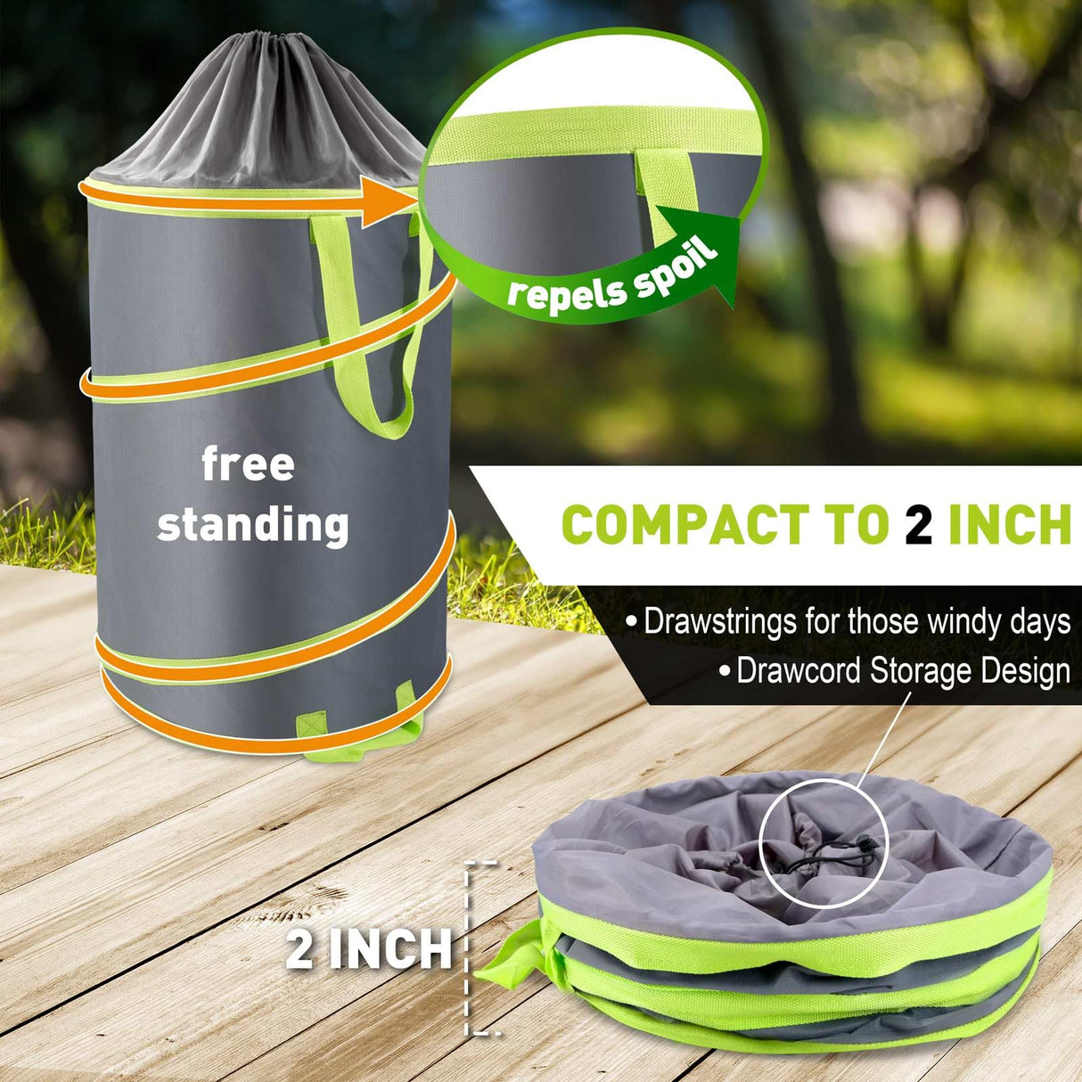 Altdorff Resuable Leaf Bag 2 Pack, Collapsible Trash Can for Camping, Garden Waste Bag Pop Up, 120L Large Yard Waste Container with Drain Holes and Drawstrings for Windy Days