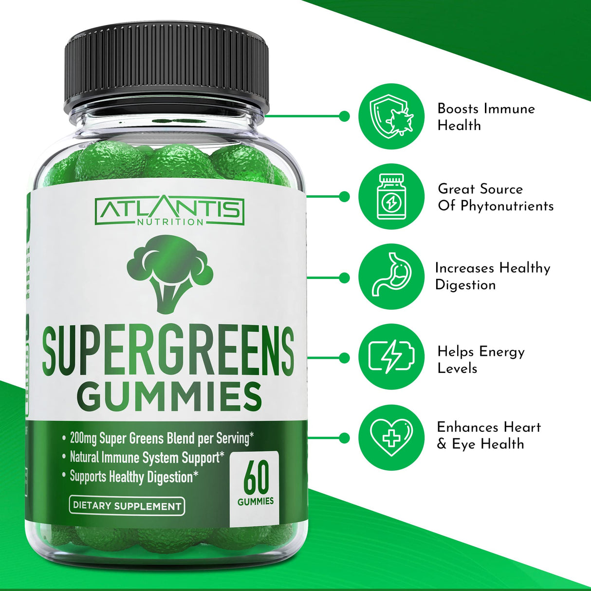 Atlantis Nutrition Supergreens Gummies - Daily Green Superfoods Supplement with Spinach, Broccoli, Moringa, Beet Root, Celery, Green Tea, & Acai for Immunity Support - Natural Raspberry Flavor, 60 cnt