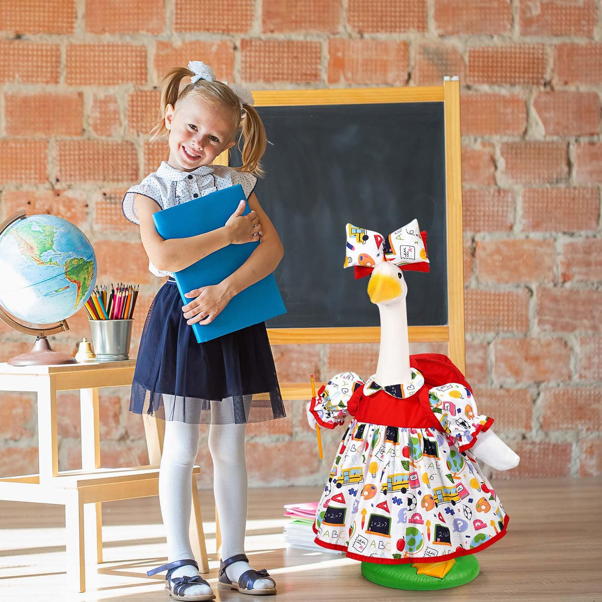 JcHrmers Back to School Porch Goose Outfits Includes Bow Headband Red Schoolbag Doll Collar Dress and Pencil for 23'' Cement Goose Statue for Garden Patio Lawn Yard Outdoor Decoration