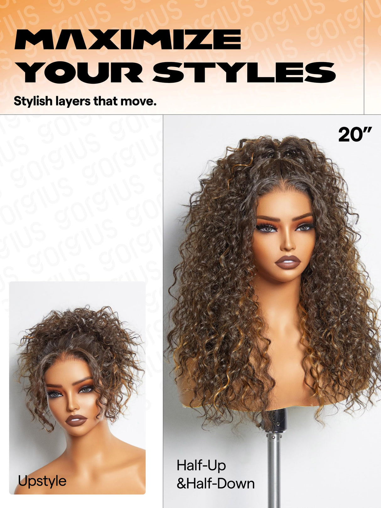 GORGIUS Curly Brown Wig Glueless Highlight Lace Front Wig Pre Plucked Middle Parted Synthetic Wig Upgraded with Premium Human-Hair-Like Fiber 20 Inch