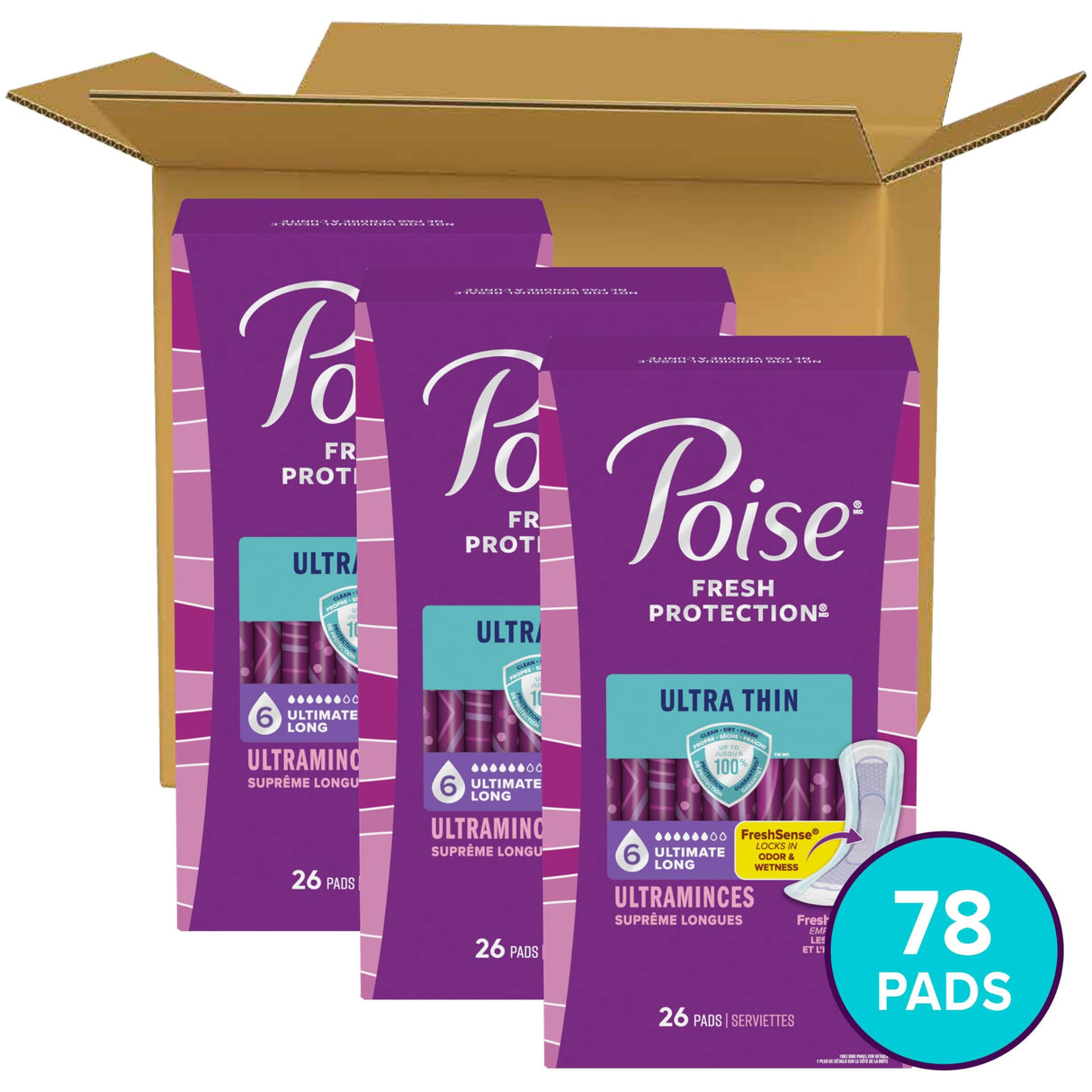 Poise Ultra Thin Incontinence Pads & Postpartum Pads for Bladder Leaks, 6 Drop Ultimate Absorbency, Long Length, 78 Count, Packaging May Vary